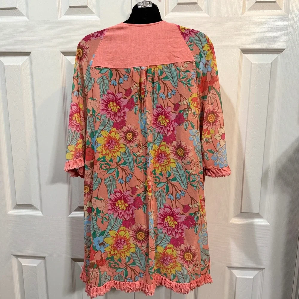 Umgee USA Floral Kimono Cardigan‎ Coral Pink Fringe Trim Boho Open Front S/M